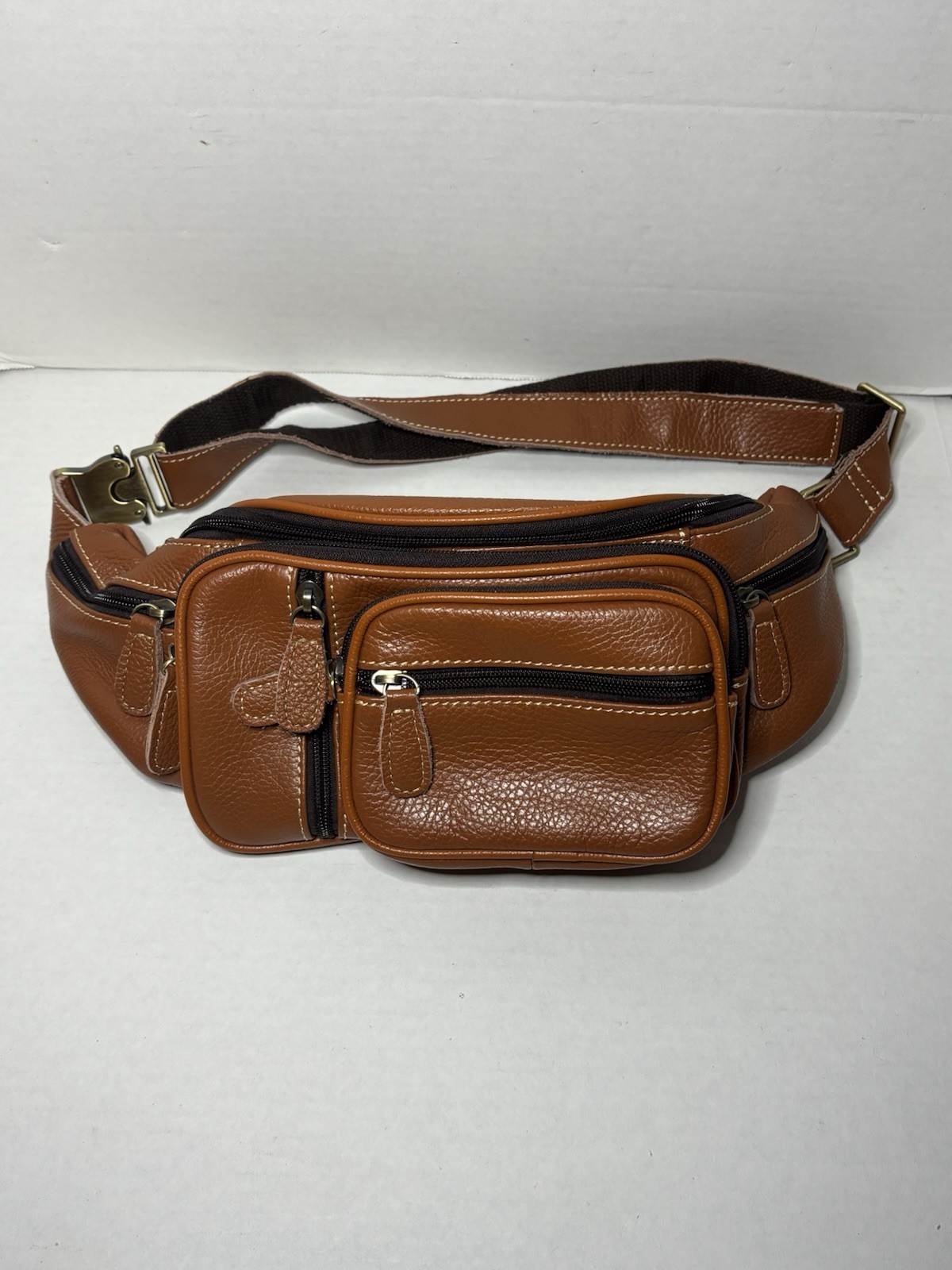 Genuine Leather Fanny Pack large capacity Waist Bag Zipper Pockets brown