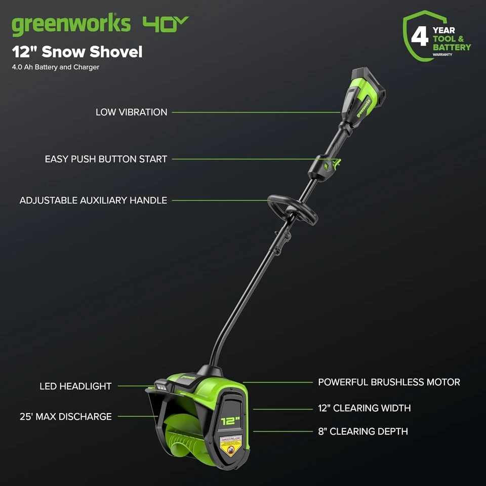 Pala de Nieve Inalámbrica 40V con Luz LED - Eficiente 12" Ancho y 2 Ajustes de Velocidad Foto 4 de 4