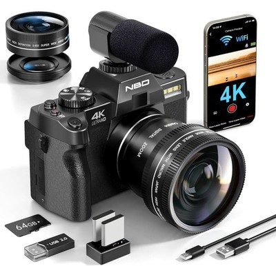 Digital Cameras 4K 48MP 16X Wifi Anti-Shake 64GB TF Card 2 Batteries for YouTube