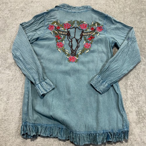 Scully Womens Blue Embroidered Floral Button Up Blouse Peplum Top Small Rodeo - Picture 12 of 14