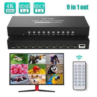 MT-VIKI 9 Port HDMI Multiviewer Seamless 4K@30Hz w/IR Remote for PS4/PS5/Camera