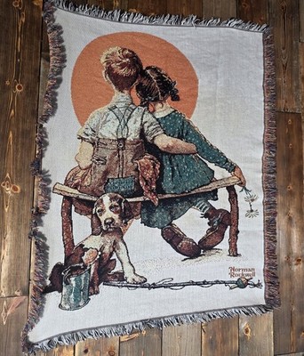 Vtg Northwest Co  Puppy love Norman Rockwell Throw 42''x60''