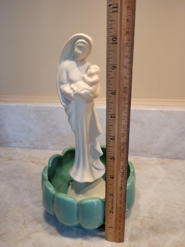 Vintage Haeger Green Lotus Bowl Madonna Mary And Child Jesus Statue - 第 2/4 張圖片