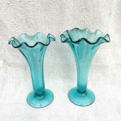 Vintage Dekorativ Blumen Vasen Aqua Blau Glas Handmade Pontil Mark Paar GV101