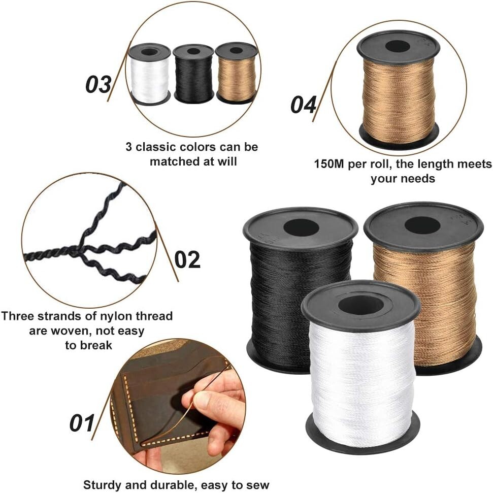 Sattlergarn Leder Nadeln Nähgarn Set 14tlg Nylon Wachsfaden 3 Farben