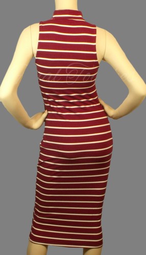 Burgundy white striped mock neck cut sleevless sexy dress - Picture 4 of 4