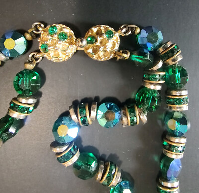 Vintage Les Bernard 2 Strand Iridescent Blue-Green Glass Bead Necklace  24 inch