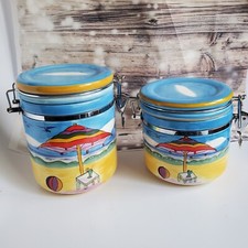 ANNE ORMSBY SURVIVING STRESS CERAMIC CANISTERS SET OF 2 BEACH SCENE CONTAINERS
