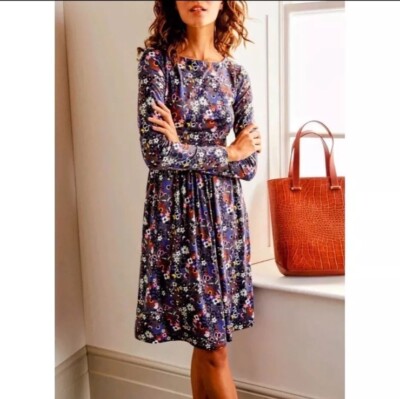 Boden Floral Abigail Jersey Dress Grey with pink & Blue w/Pockets 10R | eBay