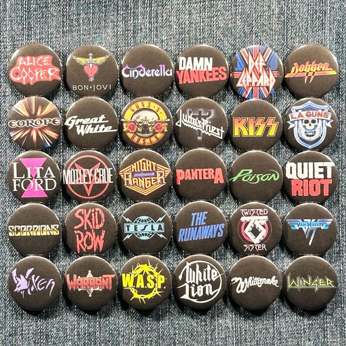 80's Hair Bands 1" Pinback Buttons Heavy Metal Classic Hard Rock Retro, 30 Pins - 第 1/9 張圖片