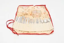 Vntg Small Toy Silverware/Flatware Set Floral Pouch Kitchen Toy Collectible