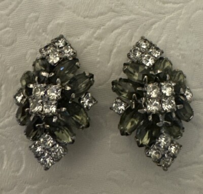 Vintage Earrings Rhinestone Diamond Shape Smokey Topaz Statement Clip On 2 