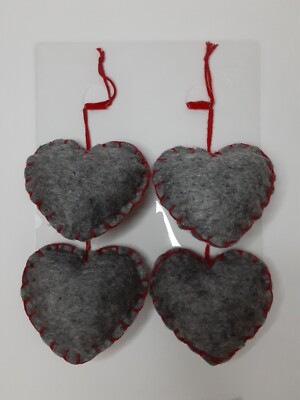 NEW 4 PC Puffed Heart Grey Wool Felt Red Stitch 2.75'' Valentines Decor Ornaments