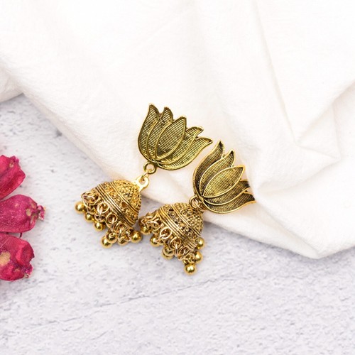 Gold Plated Lotus Stud Exquisite Dangle Drop Earring jhumka jhumki Bollywood - Picture 12 of 12