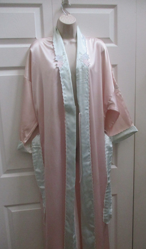 Bata larga para mujer Sara Beth XL vintage rosa y azul bordada ribete cosido nueva - Imagen 4 de 16