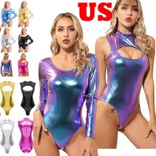 Women Shiny Metallic Leotard Swimwear Jumpsuit Bodysuit Nightclub Costume