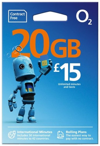 Karta SIM O2 Pay As You Go 15 £ 20GB Pakiet 3 w1 Micro Nano PAYG DATA ROLLOVER 02 - Zdjęcie 1 z 3