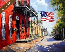 New Orleans French Quarter with USA flag waving oil painting 8x10 Print