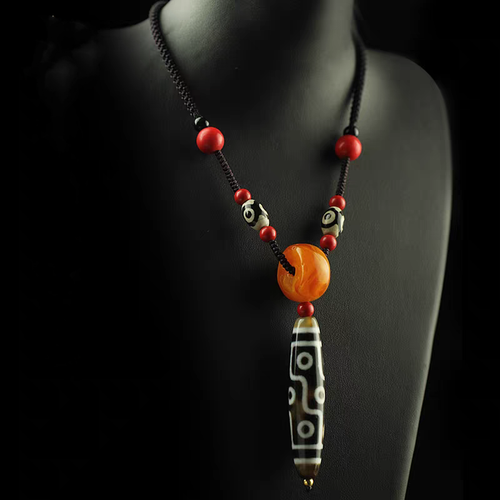 Nature Tibetan Dzi Bead Pendant 9 Eyes Amulet Lucky Vermilion Necklace Hanging - Picture 5 of 10