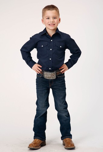 Roper Kids Boys Solid Broadcloth Blue Cotton Blend L/S Shirt - Picture 2 of 4