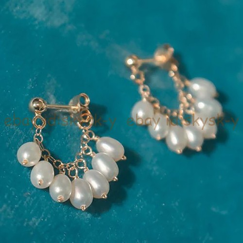 4-5mm Natural White Freshwater Rice Pearl Cluster Dangle Stud Earrings - Picture 3 of 5