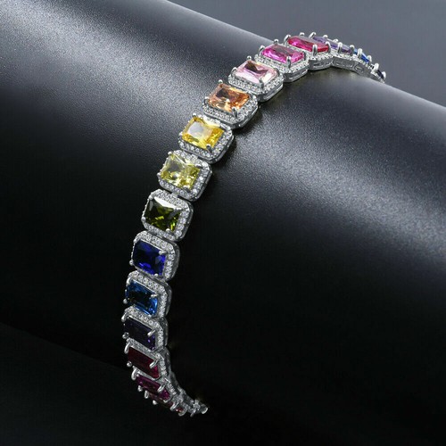 Bracciale solitario unisex colore arcobaleno tono oro bianco 18 carati diamanti simulati - Foto 2 di 4