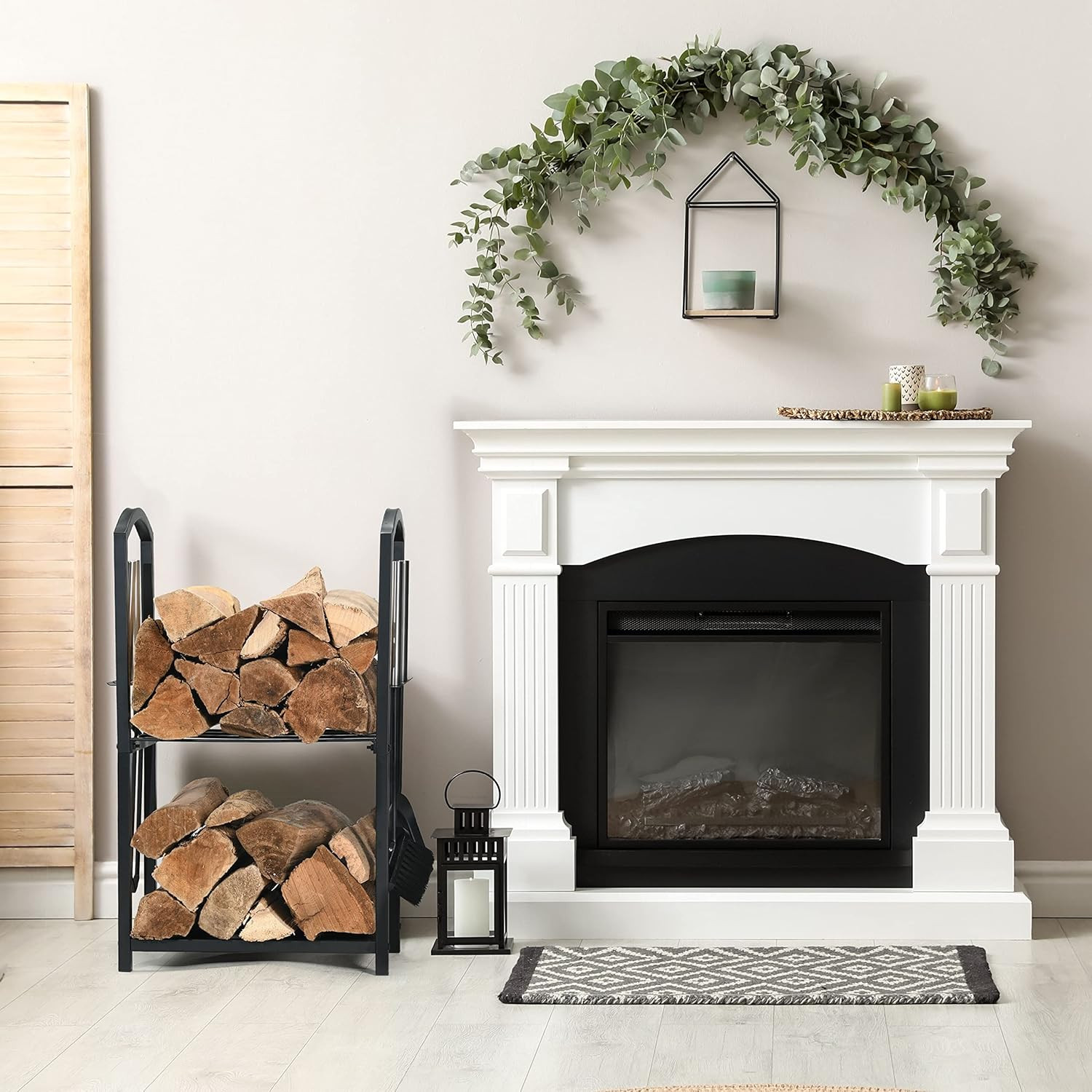 Firewood Rack Outdoor Indoor - 2-Tier Firewood Holder with Fireplace Tools Set,