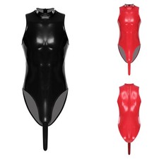 Men Bodysuit Turtleneck Unitard Halloween Jumpsuit Glossy Rompers Sleeveless