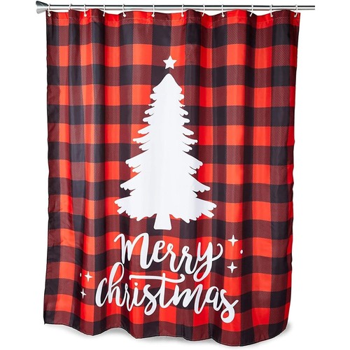 13-Piece Buffalo Plaid Merry Christmas Tree Shower Curtain Set with Hooks, 70...