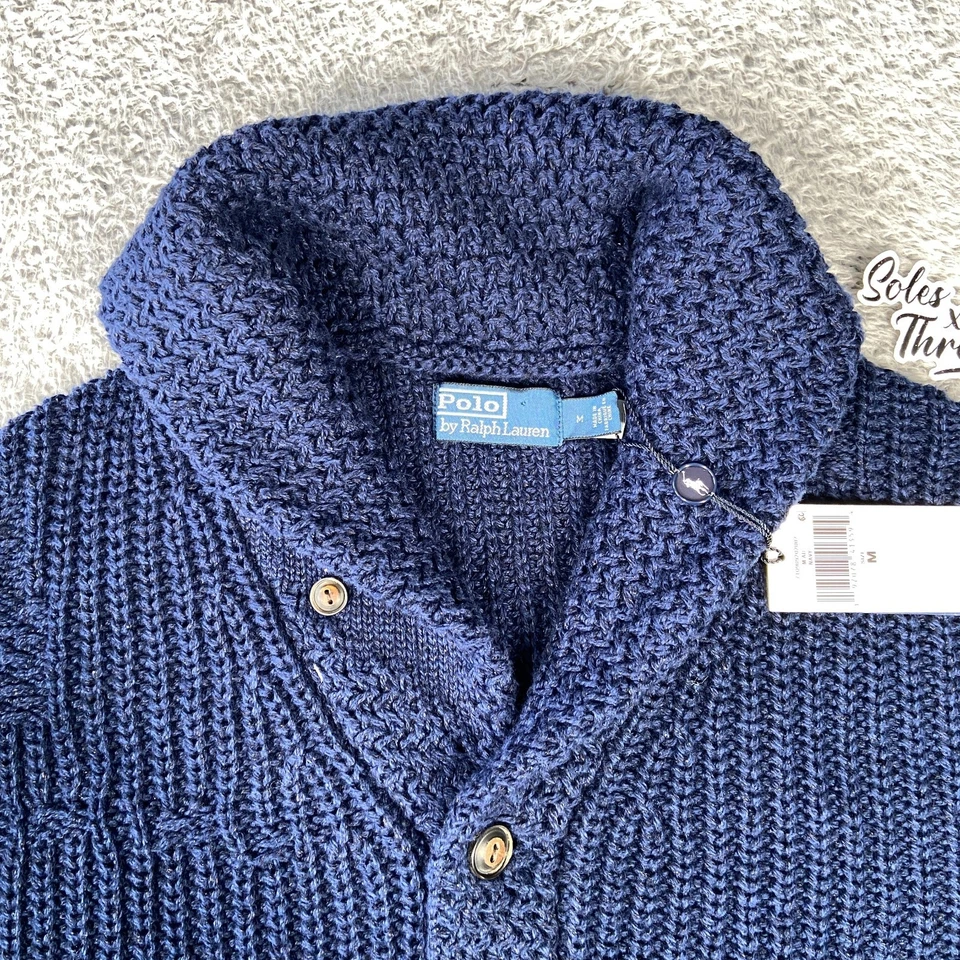 $398 Polo Ralph Lauren Envejecido Lino-Algodón Chal Cárdigan Talla Mediana Hombres Azul Marino Foto 3 de 4