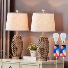 27  Natural Rattan Table Lamps Set of 2,Touch Switch,3-Way 13"W 27"H, Nature
