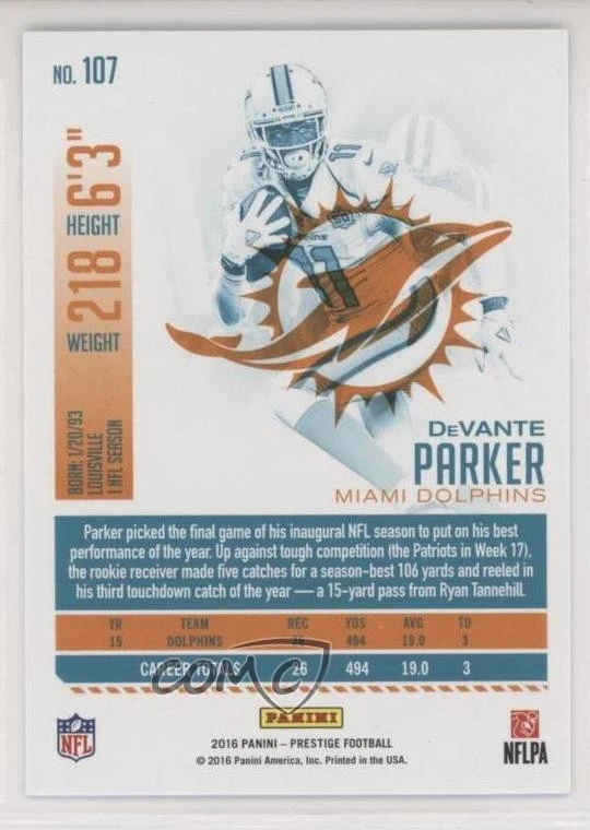 2016 Panini Prestige Xtra Points Blue Devante Parker #107 - Image 2 of 2
