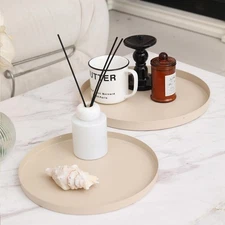 2 Pcs 11.8" and 9.8" Round Beige Metal Tray, Coffee Table Candle Holder & Dec...