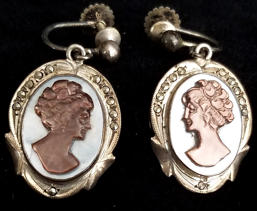 Vintage Abalone Shell Marcasite Cameo 800 Silver Dangle Drop Screw Back Earrings