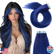 YILITE 20pc Blue Tape-in Human Hair Extensions 12in Seamless Skin Weft