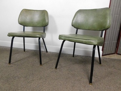 VG Pair 1960s Mid Century Olive Green Vinyl Kitchen Chairs Butterfly Backs Eames