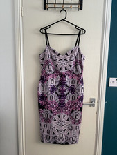 ASOS Size 16 Purple Black White Geometric Bodycon Dress V-Neck Strappy Knee