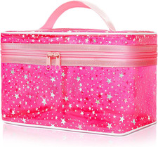 Star Print Clear Red Makeup Bag, Waterproof PVC Cosmetic Pouch with Zipper, Toil