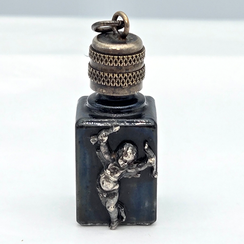 Vtg France SGD Mini Perfume Bottle Pendant Black Glass Metal Cherub No Chain - Picture 2 of 12
