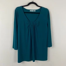 Susan Graver Liquid Knit Tunic Size Large Teal 3/4 Sleeves Neckline Detail