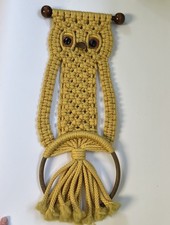 Vintage 1970s Boho Fuzzy Owl Macrame 20  Wall Hanging Yellow Nursery Kitchen MCM