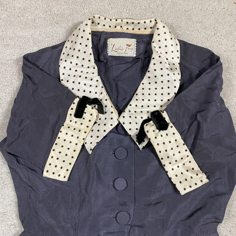 Vintage Leslie Fay Dress Womens S Navy Polka Dot Collar Pockets 50s 60s - Image 3 of 4