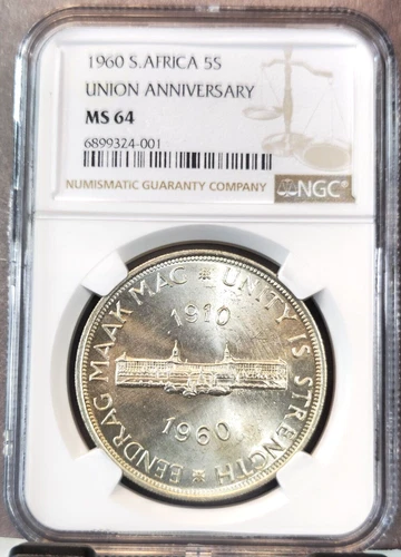 1960 SOUTH AFRICA SILVER 5 SHILLINGS UNION ANNIVERSARY NGC MS 64 BEAUTIFUL BU