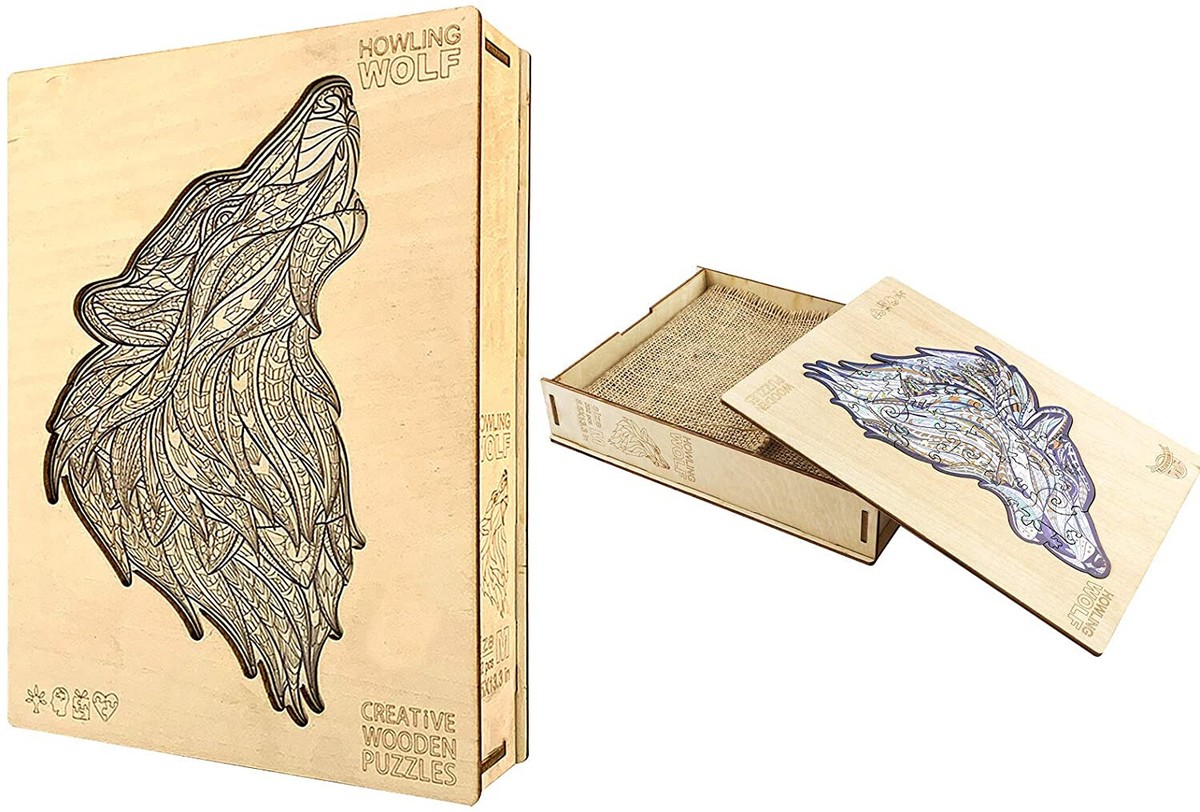 Wooden Jigsaw Puzzles Howling Wolf, Unique Animal Shaped (M
