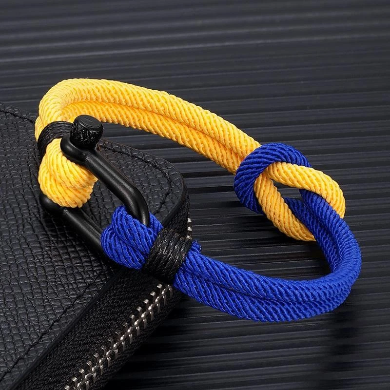 Blue Yellow Ukraine Colors Rope Square Knot Bracelet With Black