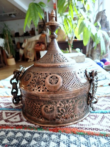 Mughal India Insence Burner Copper Pierced Metalwork Hanging Antique Repousse - Picture 2 of 9