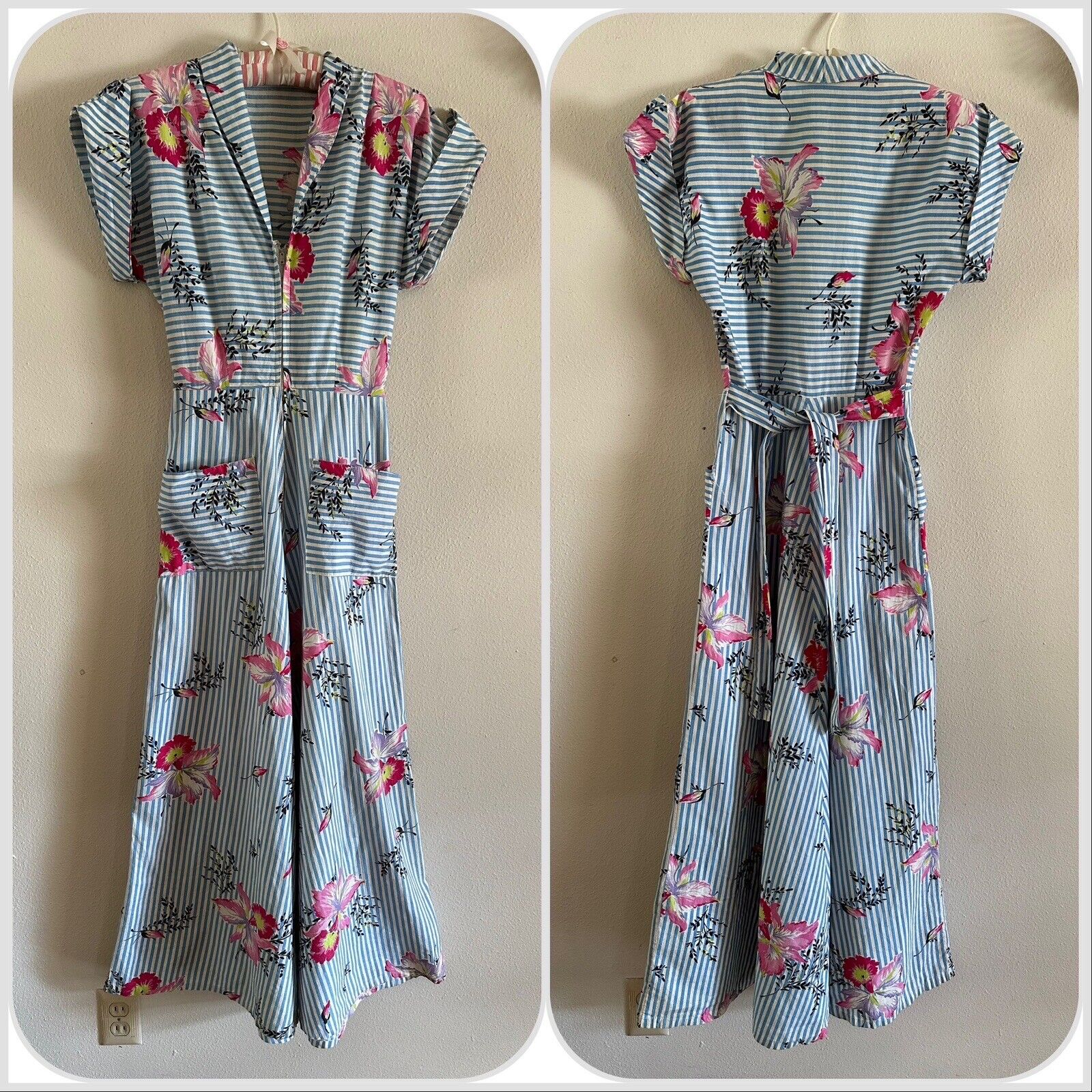 1940s Striped Floral Maxi Dress Big Pocket Chore … - image 13