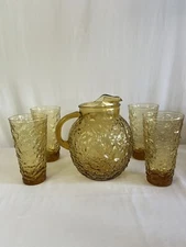 Vtg Amber Crinkle Glass Ball Pitcher and 4 Glasses Anchor Hocking Lido
