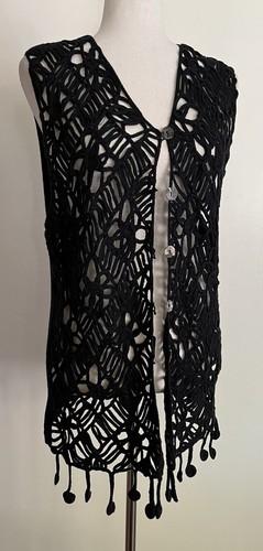 Vintage Black Open Knit Crochet Vest Fringe Hippie Festival Boho Size L - 第 1/6 張圖片