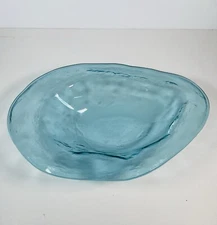 Annie glass 10.5" x 7.5" x 2" Aqua Textured Glass Bowl, signed Made in USA